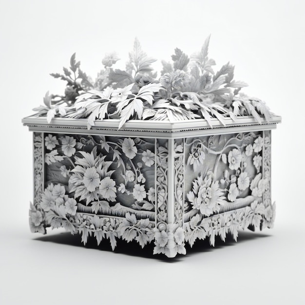 Decorative silver box with flowers on a white background closeup