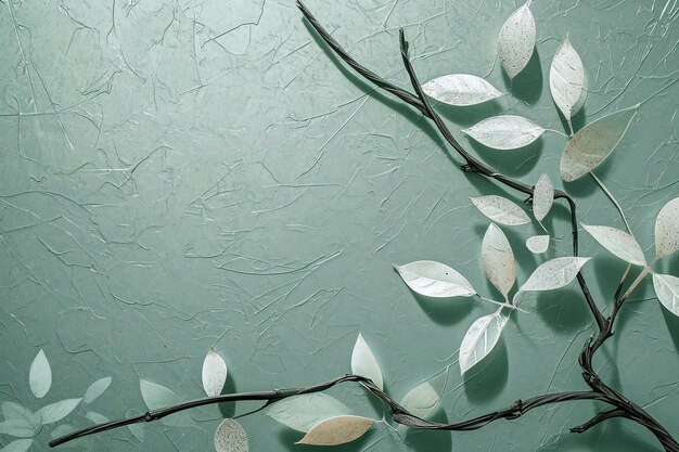 Decorative silver leaves on green background Flat lay top view