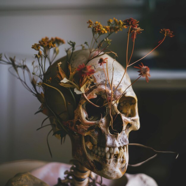 Photo decorative skeleton displayed with dried flowers in interior setting during late afternoon