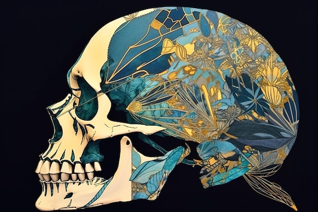 Decorative skull golden leaf finish on black and vibrant turquoise AI generative