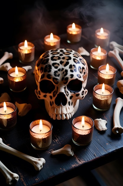 Photo a decorative skull surrounded by candles and bones creates a mystical atmosphere on a dark table in