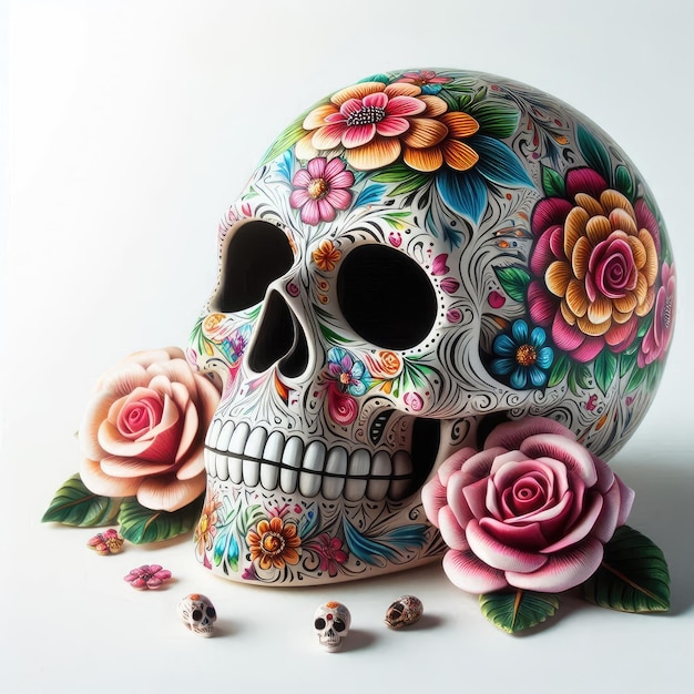 Photo decorative skull with colorful flowers and ornaments isolated on grey background