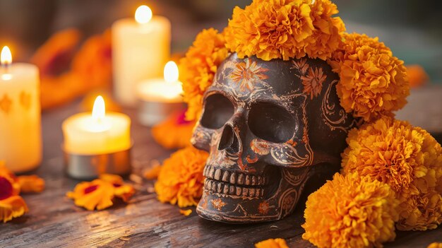 A decorative skull with marigold flowers and candles surrounding it