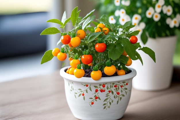 Decorative solanum house plant in a white planter with vivid orange deadly fruit