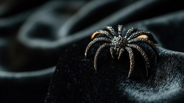 Photo a decorative spider brooch adorned with gemstones on a dark fabric background