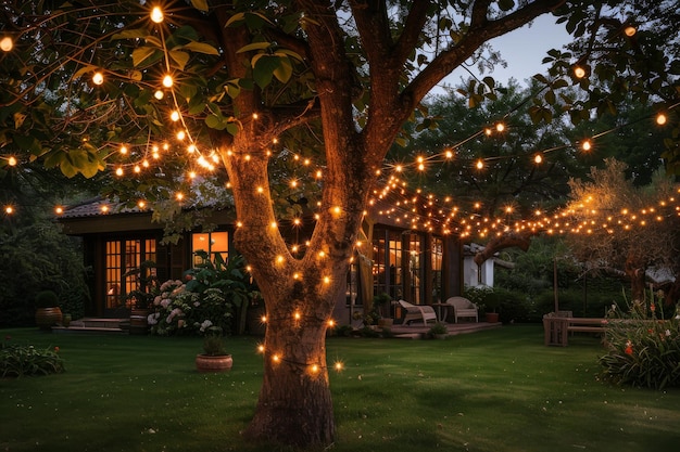 Decorative string lights hang from a tree in the garden illuminating the night with a warm enchant