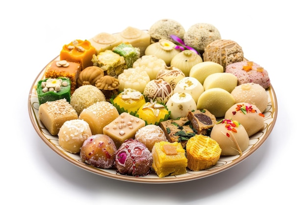 Decorative Trays Featuring Traditional Indian Sweets Mithai such as Laddoos and Barfis on White Background