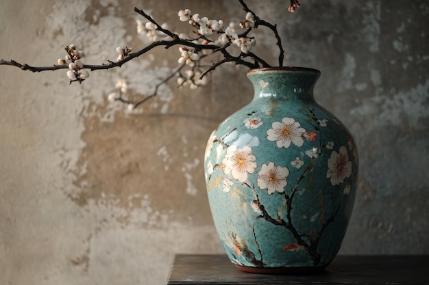 A decorative vase with floral patterns holding a branch of blossoms