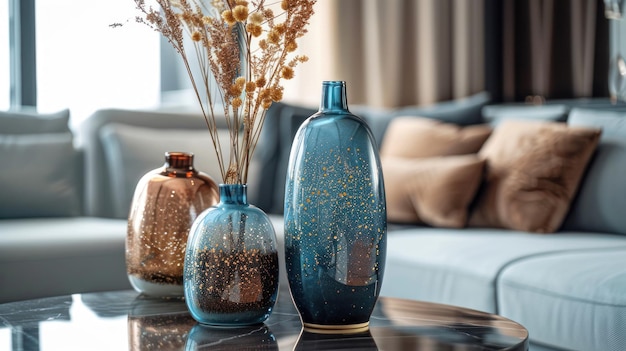 Decorative Vases with Dried Flowers on a Coffee Table