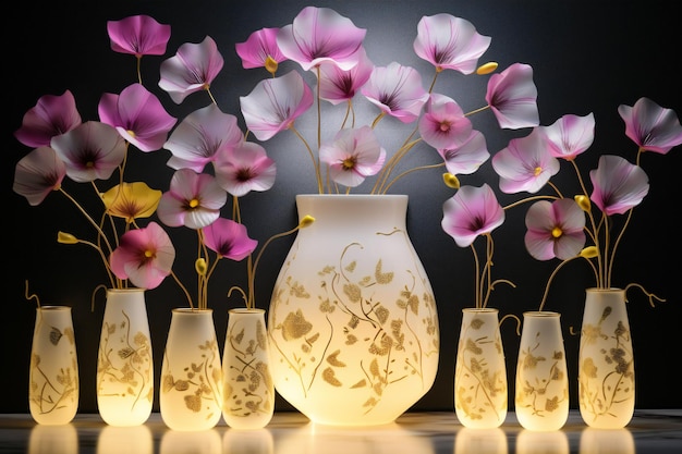 Decorative vases with flowers on a black background