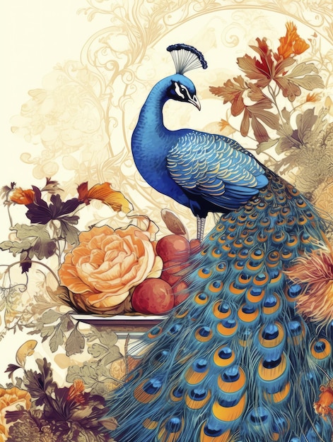 Decorative Vintage Peacock bird sitting on a branch Floral Illustration Wallpaper