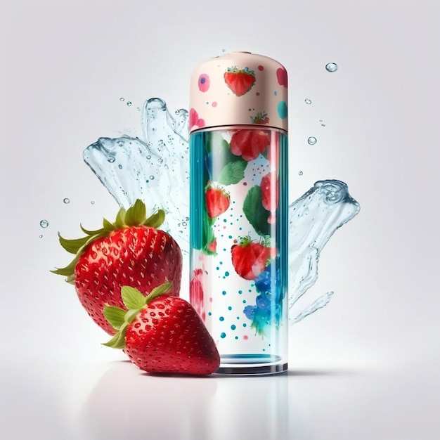 Decorative water bottle with strawberries next to it on white background