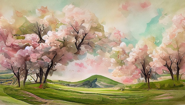 Decorative watercolor spring landscape with single lush blooming