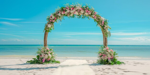 decorative wedding arch on the white sand seashore Generative AI