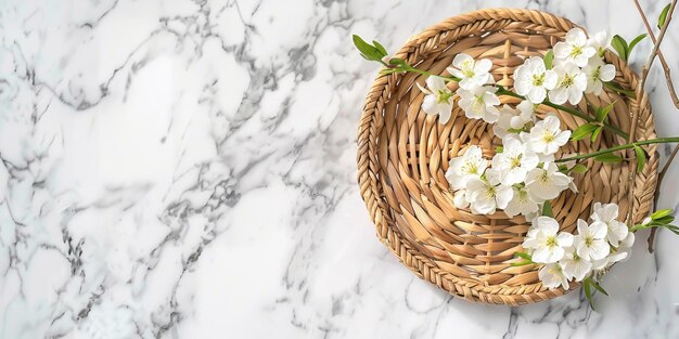 A decorative wicker basket filled with white flowers placed on a marble surface