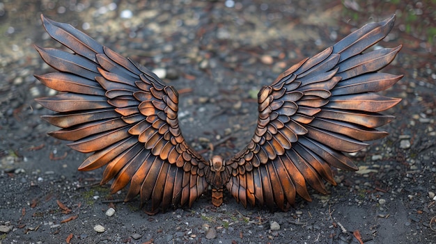 Photo decorative wooden wings displayed on the ground in a natural outdoor setting