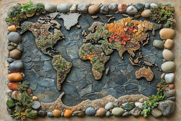 A decorative world map crafted from stones and various plants highlights natural elements creatively