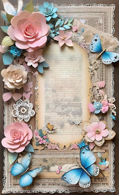 Decoupage sheet rustic wooden lace paper with handwritten text pastel colors background for smart