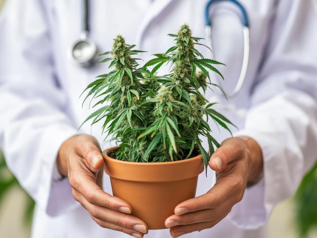 Photo a dedicated botanist carefully holds a thriving cannabis plant in a greenhouse setting