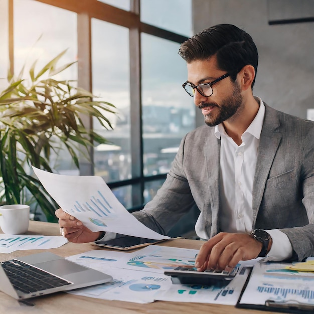 Dedicated Businessman Analyzing Marketing Report in Modern Office generative ai