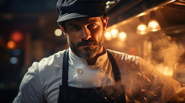 Dedicated Chef Mastering the Flames in Intense Kitchen Scene