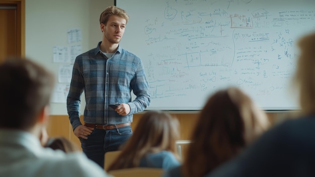 Photo dedicated college professor standing by a whiteboard engaged in teaching a class setting