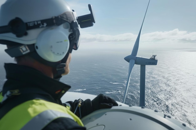 A dedicated engineer performs routine maintenance on a vast offshore wind turbine ensuring optimal performance amidst the serene ocean backdrop