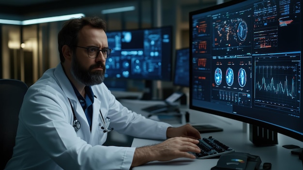 Photo a dedicated healthcare professional intensely examines patient data on multiple screens in a hightech medical office focusing on vital health metrics and imaging results at dusk