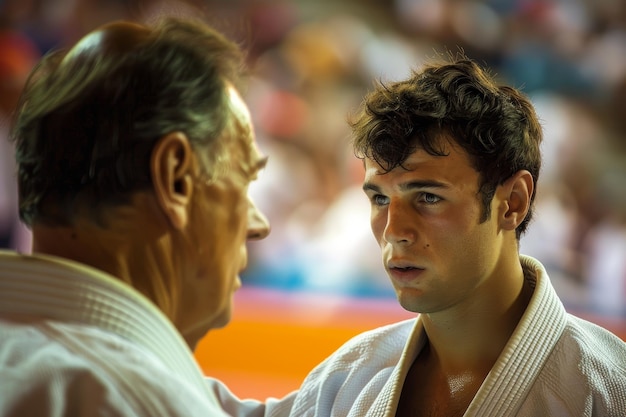 Photo dedicated judoka receiving guidance from coach at competitive event focused and serious