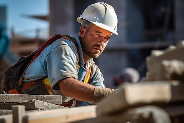 Dedicated male construction worker laying bricks at a building site showcasing hard work