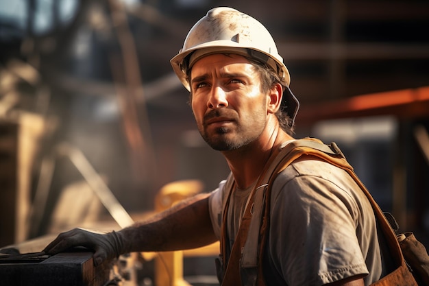 Dedicated male worker in a hardhat at a construction zone during golden hour