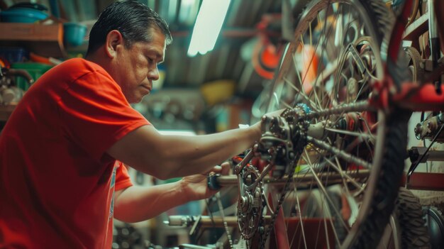 A dedicated mechanic in a red shirt intensely repairs a bicycle surrounded by tools in a cluttered workshop illuminated by overhead lights