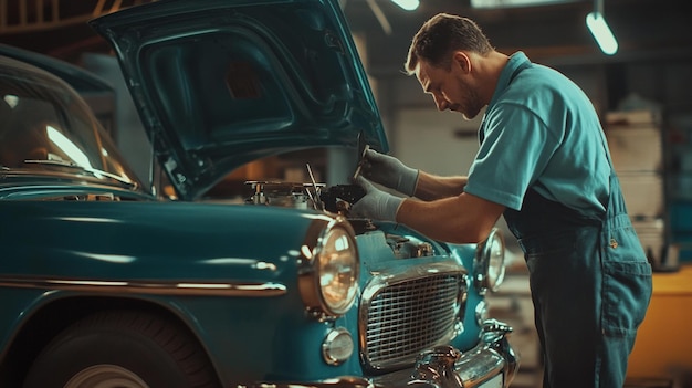 Photo a dedicated mechanic working on a vintage car in a classic garage setting for automotive enthusiasts and repair shops