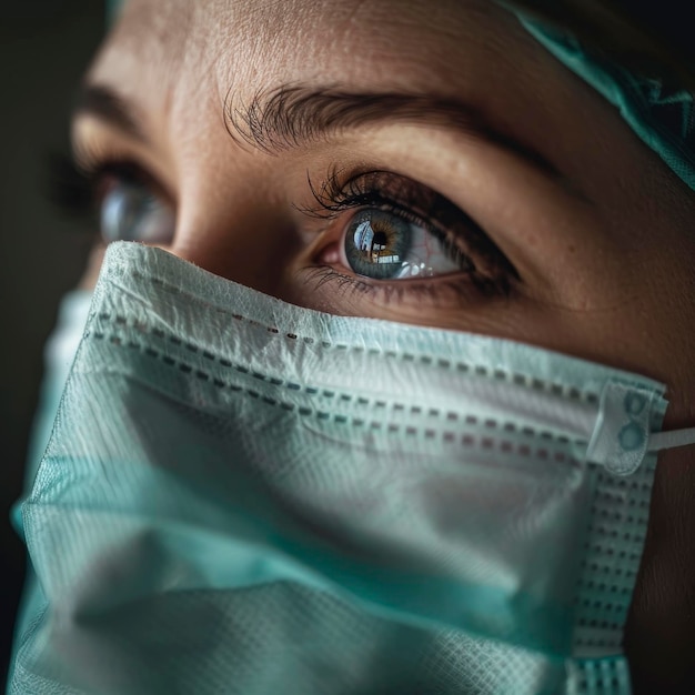 Dedicated nurse adjusting mask closeup with detailed texture and determination