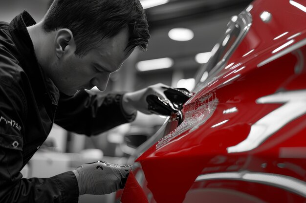 Photo dedicated specialist restoring car fenders to original condition through precise dent removal