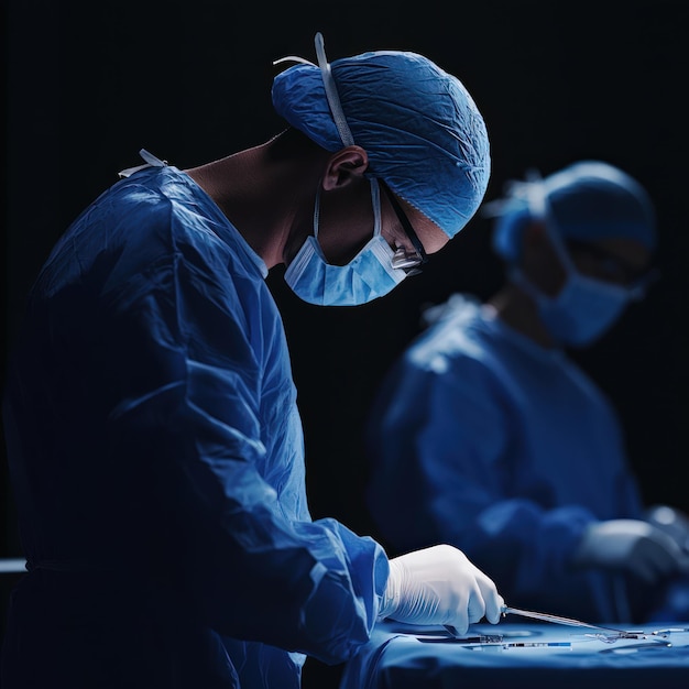 Photo dedicated surgeon in scrubs and mask performing an intricate operation in a sterile environment with focused precision