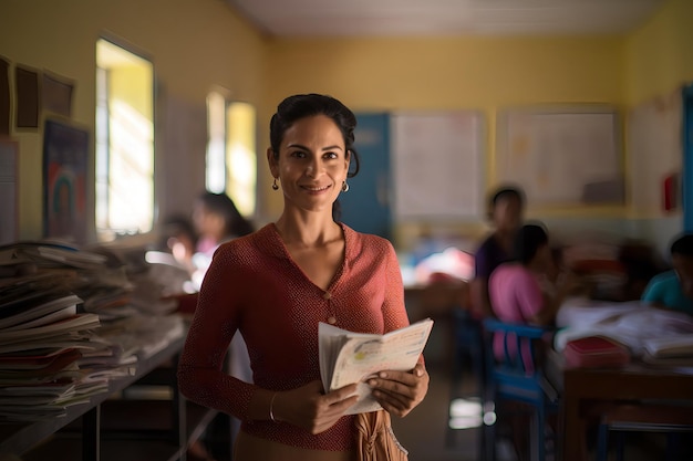 Dedicated Teacher Woman Holding Books and Papers