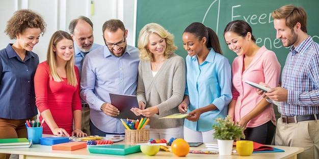 Photo dedicated teachers planning school event together with copy space