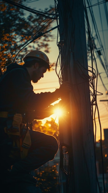 Photo a dedicated technician repairs a power line at sunset amidst vibrant autumn foliage