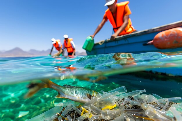 Photo dedicated volunteers on boat collecting plastic waste from ocean backdrop of clear blue water