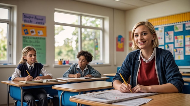 Dedicated woman teacher teaching her students in the classroom