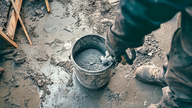 Photo a dedicated worker blends a thick cement mixture using an electric mixer in a bucket focused on creating a smooth even solution at the construction site