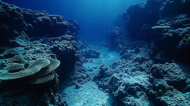 A deep blue ocean a coral reef with large rock formations on the bottom wide shot cinematic natu