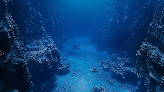 A deep blue ocean a coral reef with large rock formations on the bottom wide shot cinematic natu