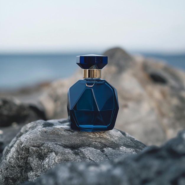 A deep blue perfume bottle on a rock 2