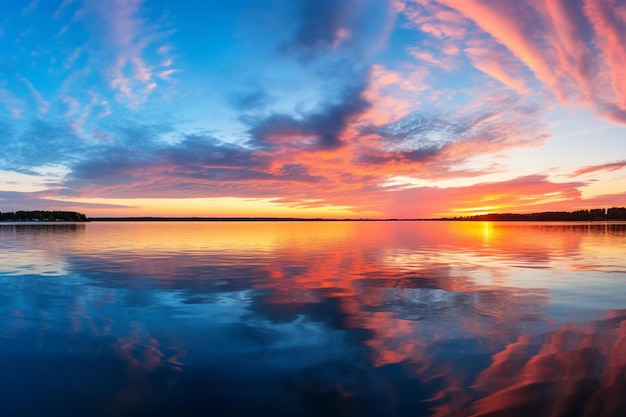 Deep blue sunset over the shimmering surface of a lake