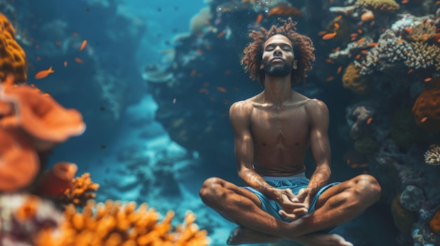 Photo deep breathing exercises amidst a vibrant coral reef underwater mindfulness