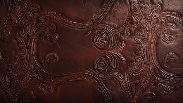 Photo deep brown embossed leather background with intricate patterns and texture