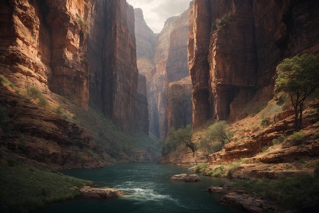 A deep canyon with towering walls and a winding river at the bottom