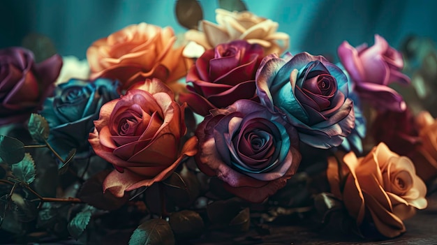 Deep and Colorful Vintage Fantasy Roses Bouquet on Blurred Background